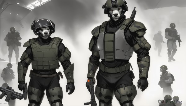 red eyes,gloves,holding,standing,weapon,male focus,multiple boys,belt,2boys,holding weapon,armor,uniform,vest,gun,military,military uniform,mask,helmet,holding gun,rifle,handgun,science fiction,6+boys,pouch,assault rifle,multiple others,submachine gun,soldier,bullpup,m4 carbine,kalashnikov rifle,tactical clothes,battle rifle,bulletproof vest,ammunition pouch,body armor,looking at viewer,pants,black pants,camouflage