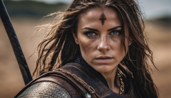 1girl,solo,long hair,looking at viewer,brown hair,brown eyes,jewelry,closed mouth,weapon,outdoors,necklace,armor,mole,blurry,lips,depth of field,blurry background,shoulder armor,messy hair,portrait,freckles,pauldrons,realistic,dirty,dirty face,chainmail,yellow eyes,facial mark,polearm,wind,close-up,serious,forehead mark