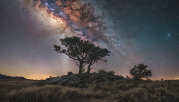 outdoors,sky,cloud,tree,no humans,night,grass,star (sky),nature,night sky,scenery,starry sky,sunset,shooting star,milky way,landscape,gradient sky