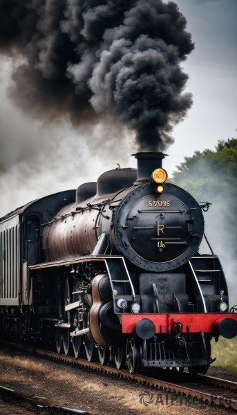 outdoors,sky,day,cloud,tree,military,no humans,ground vehicle,scenery,motor vehicle,smoke,military vehicle,vehicle focus,train,world war ii,railroad tracks,train station