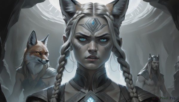 1girl,long hair,looking at viewer,bangs,blue eyes,1boy,animal ears,jewelry,collarbone,yellow eyes,upper body,braid,white hair,grey hair,parted lips,multiple boys,teeth,artist name,2boys,armor,twin braids,lips,muscular,glowing,facial hair,animal,facial mark,wolf ears,gem,portrait,glowing eyes,beard,furry,forehead mark,wolf,multiple girls,hair ornament,2girls,pointy ears,cat ears,fox ears,fangs,slit pupils,colored sclera