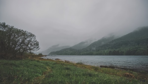 outdoors,sky,day,cloud,water,tree,no humans,cloudy sky,grass,nature,scenery,forest,mountain,river,landscape,mountainous horizon,lake,fog,grey sky,overcast,rock