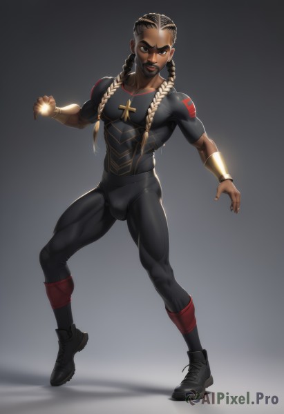 solo,long hair,looking at viewer,black hair,1boy,jewelry,full body,braid,male focus,boots,dark skin,black footwear,twin braids,bodysuit,muscular,facial hair,dark-skinned male,black nails,skin tight,bulge,fighting stance,bracer,very dark skin,dreadlocks,standing,multicolored hair,shoes,grey background,black eyes,thick eyebrows,cross,pectorals,muscular male,sneakers,beard,mustache,black bodysuit,cross necklace