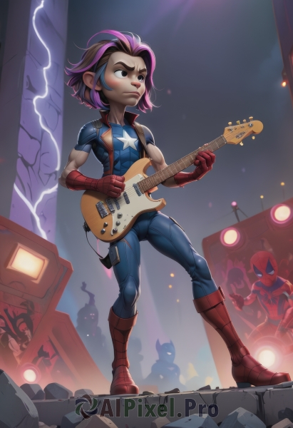 1girl,short hair,multiple girls,brown hair,black hair,gloves,1boy,holding,standing,full body,pink hair,purple hair,multicolored hair,boots,multiple boys,solo focus,artist name,2boys,star (symbol),two-tone hair,streaked hair,bodysuit,mask,muscular,knee boots,red footwear,instrument,red gloves,music,muscular female,guitar,electricity,cable,playing instrument,holding instrument,superhero,electric guitar,lightning,solo,brown eyes,male focus,crossover,spotlight,plectrum