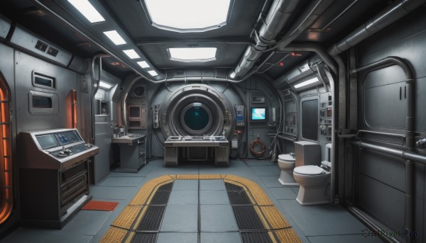 indoors,no humans,window,scenery,science fiction,realistic,tiles,cable,tile floor,cockpit,washing machine,seat,shadow,monitor,screen