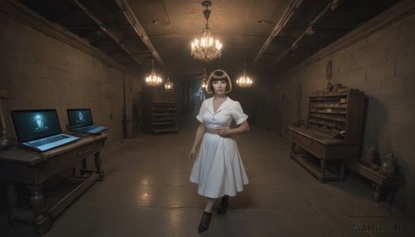 1girl,solo,breasts,looking at viewer,smile,short hair,bangs,brown hair,black hair,dress,holding,cleavage,brown eyes,closed mouth,standing,short sleeves,shoes,puffy sleeves,indoors,black footwear,white dress,black eyes,puffy short sleeves,book,chair,table,realistic,light,lamp,candle,computer,chandelier,full body,scenery,dark,wide shot,laptop