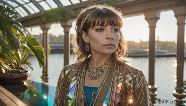 1girl,solo,long hair,short hair,bangs,brown hair,brown eyes,jewelry,closed mouth,upper body,hairband,earrings,day,indoors,medium hair,water,necklace,blurry,black eyes,lips,looking to the side,window,depth of field,blurry background,looking away,sunlight,plant,gem,lens flare,realistic,nose,headdress,potted plant,looking afar,blue eyes,tiara