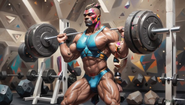 solo,short hair,black hair,gloves,1boy,navel,jewelry,male focus,thighs,multicolored hair,sweat,shorts,teeth,dark skin,fingerless gloves,bracelet,tattoo,mask,muscular,facial hair,thick thighs,piercing,abs,dark-skinned male,thick eyebrows,tank top,pectorals,muscular male,spiked hair,wristband,bara,beard,large pectorals,veins,bulge,mature male,bald,manly,biceps,exercise,thick arms,sidepec,gym,dumbbell,weightlifting,veiny arms,open mouth,brown hair,nipples,closed eyes,earrings,tongue,artist name,clenched teeth,ear piercing,rock,arm tattoo,male underwear,undercut,facial tattoo,male swimwear,swim briefs