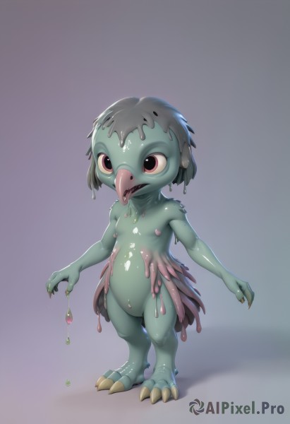 1girl,solo,short hair,open mouth,simple background,red eyes,navel,brown eyes,nipples,standing,full body,nude,tongue,shiny,tongue out,grey background,flat chest,wet,gradient,loli,gradient background,completely nude,shadow,colored skin,monster girl,claws,green skin,dripping,slime (substance),fewer digits,looking at viewer,teeth,black eyes,no humans,monster,creature,kappa