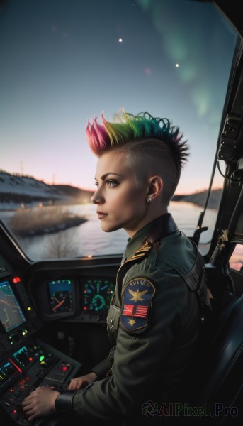 solo,looking at viewer,short hair,1boy,jewelry,sitting,jacket,weapon,pink hair,male focus,multicolored hair,earrings,green hair,sky,blurry,uniform,from side,two-tone hair,lips,gun,military,military uniform,profile,piercing,ear piercing,breath,science fiction,mountain,realistic,nose,computer,undercut,badge,american flag,mohawk,sunrise,cockpit,patch,pilot,1girl,looking back,signature,rifle,assault rifle,monitor,soldier