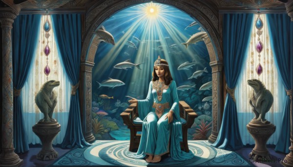 1girl,solo,long hair,brown hair,long sleeves,dress,jewelry,sitting,indoors,wide sleeves,water,necklace,makeup,blue dress,bird,animal,watermark,chair,sunlight,tiara,crown,curtains,gem,scenery,web address,fish,circlet,light rays,fantasy,sunbeam,pillar,throne,coral,black hair,barefoot,dark skin,dark-skinned female,statue