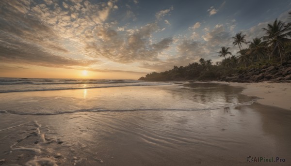 outdoors, sky, cloud, water, tree, dutch angle, no humans, ocean, beach, cloudy sky, scenery, sunset, sand, palm tree, sun, horizon, road, shore