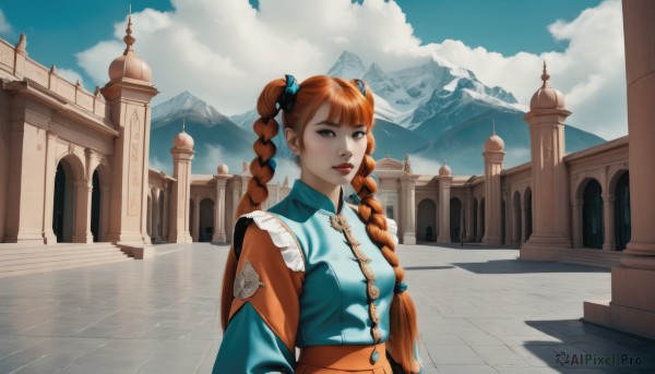 1girl,solo,long hair,breasts,looking at viewer,bangs,hair ornament,long sleeves,dress,bow,brown eyes,closed mouth,upper body,braid,hair bow,outdoors,frills,sky,day,cloud,blunt bangs,orange hair,twin braids,blue sky,lips,makeup,blue dress,cloudy sky,building,mountain,red lips,architecture,pillar,twintails,red hair,freckles