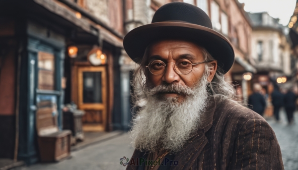 solo,looking at viewer,shirt,1boy,hat,closed mouth,upper body,white hair,grey hair,male focus,outdoors,glasses,solo focus,day,striped,blurry,black headwear,depth of field,blurry background,facial hair,building,beard,realistic,round eyewear,mustache,old,old man,jacket,portrait