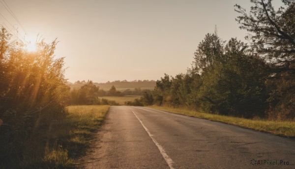 outdoors,sky,cloud,tree,no humans,sunlight,grass,nature,scenery,forest,sunset,mountain,road,bush,power lines,utility pole,landscape,path,day,field,evening