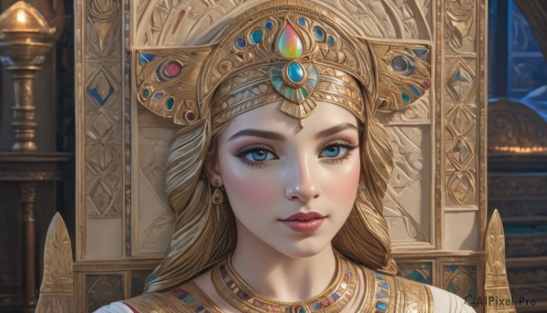 1girl,solo,long hair,looking at viewer,blue eyes,blonde hair,brown hair,jewelry,closed mouth,earrings,indoors,necklace,lips,eyelashes,makeup,crown,lipstick,gem,portrait,eyeshadow,realistic,nose,headdress,red lips,gold,braid,eyeliner