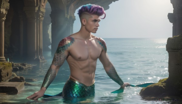 solo,short hair,1boy,navel,closed mouth,nipples,purple hair,male focus,multicolored hair,outdoors,day,water,looking to the side,tattoo,muscular,ocean,piercing,abs,pectorals,muscular male,bara,wading,partially submerged,toned,topless male,realistic,scales,arm tattoo,undercut,toned male,pillar,monster boy,mohawk,collarbone,pink hair,artist name,dark skin,completely nude,facial hair,scar,sunlight,dark-skinned male,rock,very short hair