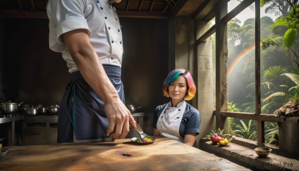 1girl,smile,short hair,shirt,1boy,blue hair,pink hair,short sleeves,multicolored hair,food,green hair,day,indoors,orange hair,apron,two-tone hair,tree,lips,window,aqua hair,buttons,fruit,table,plant,waist apron,white apron,plate,realistic,head out of frame,rainbow,chef,cutting board,rainbow hair,black hair,holding,brown eyes,white shirt,pants,muscular,veins,spoon,nose,palm tree,potted plant,kitchen