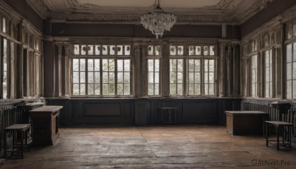 day,indoors,tree,no humans,window,chair,table,sunlight,curtains,scenery,stairs,tiles,tile floor,stool,floor,ceiling,carpet,ceiling light,chandelier,wooden chair,artist name,signature,desk,wooden floor,classroom,school desk