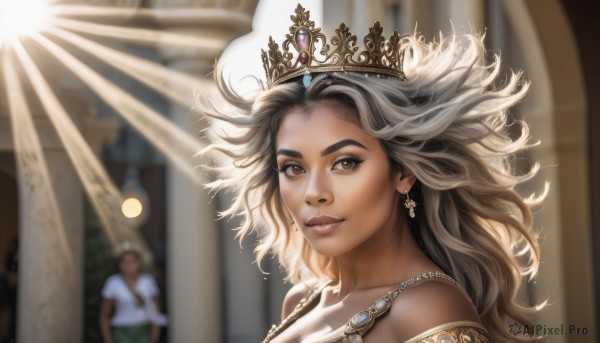 1girl,long hair,looking at viewer,smile,brown hair,1boy,dress,bare shoulders,brown eyes,jewelry,closed mouth,collarbone,grey hair,earrings,solo focus,indoors,dark skin,blurry,lips,depth of field,blurry background,watermark,sunlight,tiara,crown,gem,portrait,armlet,realistic,nose,necklace,mole,messy hair,mole under mouth,mole on cheek