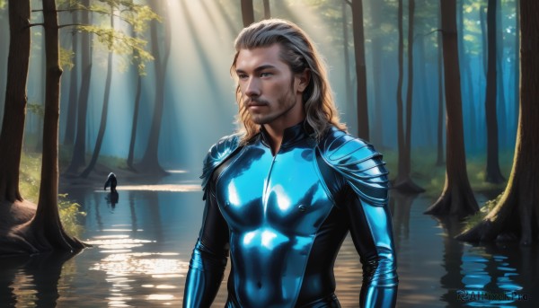 solo,long hair,blue eyes,blonde hair,brown hair,1boy,closed mouth,upper body,male focus,outdoors,water,armor,tree,bodysuit,covered navel,facial hair,sunlight,shoulder armor,nature,skin tight,beard,forest,reflection,pauldrons,light rays,realistic,mustache,leaf