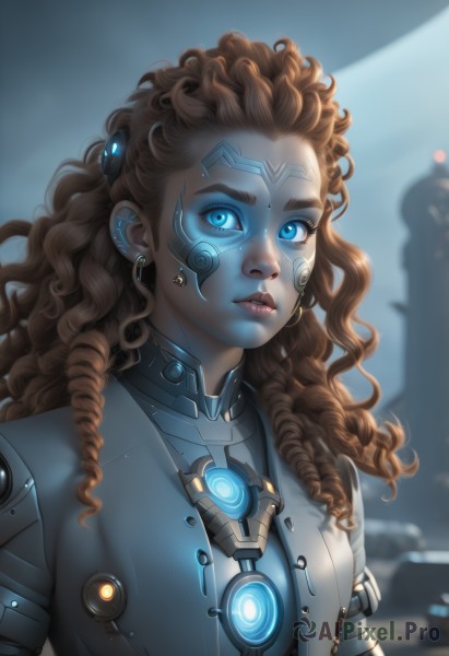 1girl,solo,long hair,breasts,looking at viewer,blue eyes,brown hair,jewelry,upper body,earrings,parted lips,blurry,lips,eyelashes,bodysuit,makeup,blurry background,glowing,facial mark,glowing eyes,science fiction,curly hair,nose,cyborg,artist name,tattoo,wavy hair,piercing,freckles,eyeliner,facepaint,facial tattoo,neon trim,cyberpunk