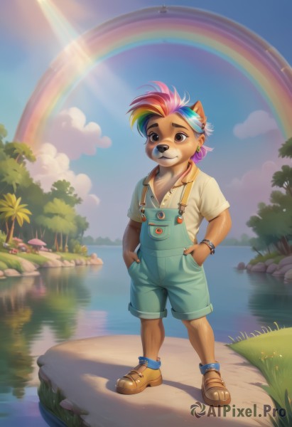 solo,smile,short hair,bangs,shirt,1boy,animal ears,brown eyes,jewelry,closed mouth,standing,collarbone,tail,full body,white shirt,pink hair,flower,short sleeves,male focus,multicolored hair,earrings,outdoors,sky,shoes,shorts,day,socks,collared shirt,artist name,cloud,signature,water,bracelet,two-tone hair,tree,blue sky,:3,buttons,watermark,brown footwear,sandals,happy,sunlight,grass,child,web address,furry,personification,freckles,pocket,light rays,hands in pockets,furry female,female child,overalls,furry male,male child,body fur,rainbow,animal nose,snout,bubble blowing,puddle,chewing gum,blue overalls,overall shorts,rainbow hair,1girl,looking at viewer,blue eyes,blonde hair,blue hair,purple hair,green hair,teeth,flat chest,suspenders,cloudy sky,reflection,rock,sun,stud earrings,sunbeam,mushroom,brown fur,two-tone fur,yellow socks