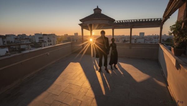 1girl,short hair,brown hair,shirt,black hair,long sleeves,1boy,dress,standing,outdoors,sky,shoes,pants,cloud,bag,black footwear,black dress,tree,shadow,holding hands,sunlight,plant,building,scenery,walking,sunset,city,sun,potted plant,road,cityscape,architecture,wide shot,street,evening,hetero,from behind,high heels,coat,couple,lens flare,black coat,lamppost,sunrise