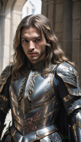 solo,long hair,looking at viewer,smile,blue eyes,brown hair,1boy,closed mouth,upper body,male focus,cape,armor,blurry,lips,blurry background,facial hair,shoulder armor,gauntlets,beard,pauldrons,breastplate,realistic,chainmail,blonde hair,brown eyes,outdoors,scar,manly,pillar