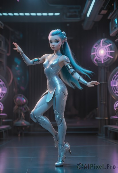 1girl,solo,long hair,breasts,looking at viewer,smile,open mouth,blue eyes,hair ornament,bare shoulders,jewelry,blue hair,standing,full body,earrings,small breasts,boots,detached sleeves,blurry,high heels,lips,aqua hair,bodysuit,makeup,standing on one leg,robot,lipstick,skin tight,high heel boots,science fiction,android,cyborg,robot joints,cyberpunk,hologram,black hair,ponytail,multicolored hair,parted lips,artist name,indoors,two-tone hair,joints,hair pulled back