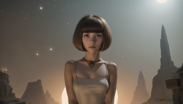 1girl,solo,breasts,looking at viewer,short hair,bangs,brown hair,black hair,dress,cleavage,bare shoulders,brown eyes,jewelry,medium breasts,closed mouth,upper body,outdoors,sky,choker,blunt bangs,necklace,lips,night,moon,bob cut,star (sky),night sky,camisole,pendant,starry sky,backlighting,realistic,spaghetti strap,signature,scenery