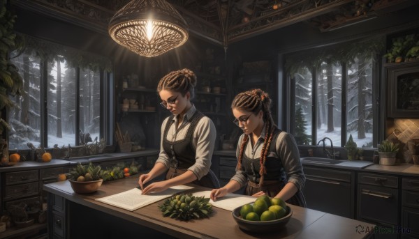 long hair,smile,multiple girls,brown hair,shirt,black hair,hair ornament,long sleeves,2girls,jewelry,closed eyes,white shirt,braid,earrings,food,glasses,collared shirt,indoors,hair bun,apron,vest,twin braids,tree,window,fruit,table,single hair bun,plant,scenery,hair over shoulder,plate,sleeves rolled up,lamp,shelf,kitchen,vegetable,counter,cabinet,cutting board,short hair,bangs,holding,flower,hair flower,sunlight,knife,snow,bowl,realistic,basket,carrot,orange (fruit),sleeves pushed up