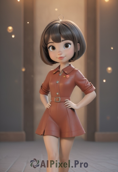 1girl,solo,breasts,looking at viewer,smile,short hair,bangs,brown hair,black hair,dress,brown eyes,closed mouth,standing,short sleeves,small breasts,belt,artist name,signature,blurry,lips,buttons,depth of field,blurry background,feet out of frame,short dress,red dress,bob cut,child,hands on hips,collared dress,female child,badge,ahoge,indoors