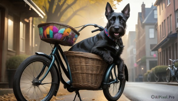 HQ,open mouth,outdoors,day,tongue,tongue out,blurry,collar,tree,no humans,blurry background,animal,ground vehicle,building,motor vehicle,dog,city,realistic,basket,road,riding,house,animal focus,street,bicycle,bicycle basket,solo,looking at viewer,window,sunlight,lamppost,animal collar