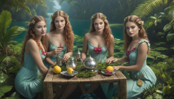 long hair,breasts,looking at viewer,smile,blue eyes,multiple girls,brown hair,hair ornament,dress,holding,cleavage,bare shoulders,brown eyes,medium breasts,sitting,braid,flower,outdoors,food,sleeveless,day,hair flower,3girls,water,twin braids,tree,cup,lips,4girls,fruit,sleeveless dress,blue dress,leaf,wavy hair,table,plant,nature,plate,teacup,curly hair,green dress,realistic,spaghetti strap,teapot,head wreath,tea,lake,aqua dress,collarbone,artist name,makeup,watermark,sunlight,knife,pink flower,spoon,orange (fruit),lemon,lemon slice,tablecloth