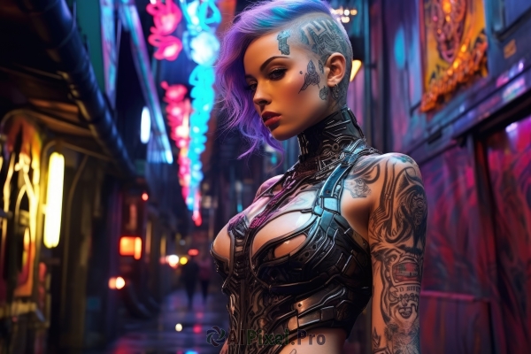 1girl,solo,breasts,short hair,bare shoulders,jewelry,medium breasts,blue hair,upper body,purple hair,multicolored hair,earrings,outdoors,mole,blurry,lips,clothing cutout,mole under eye,tattoo,makeup,blurry background,piercing,lipstick,science fiction,asymmetrical hair,city,nose,arm tattoo,undercut,facial tattoo,cyborg,cyberpunk,neon lights,looking at viewer,cleavage,dark skin,dark-skinned female,night,eyeshadow,very short hair,mohawk