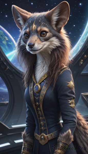 1girl,solo,breasts,looking at viewer,gloves,long sleeves,animal ears,brown eyes,jewelry,closed mouth,standing,tail,cowboy shot,sky,belt,artist name,signature,star (symbol),coat,fur trim,animal,watermark,brooch,gem,star (sky),furry,starry sky,backlighting,fur collar,black coat,furry female,space,body fur,white fur,planet,animal nose,blue coat,whiskers,snout,earth (planet),brown fur,black fur,fluffy,long hair,medium breasts,jacket,upper body,realistic