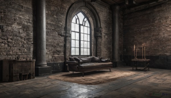 day,indoors,no humans,window,chair,table,sunlight,scenery,light rays,wooden floor,wall,ruins,brick wall,pillar,arch,couch,stairs,door,candle,tile floor,carpet,candlestand,chandelier,column,stone floor,stone wall,fireplace,brick,brick floor