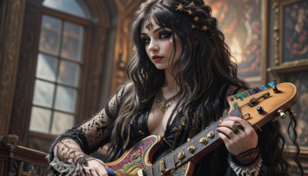 1girl,solo,long hair,breasts,looking at viewer,black hair,hair ornament,dress,holding,cleavage,jewelry,medium breasts,upper body,braid,earrings,parted lips,indoors,necklace,star (symbol),nail polish,blurry,black eyes,black dress,bracelet,lips,see-through,window,tattoo,makeup,depth of field,blurry background,wavy hair,ring,lipstick,instrument,circlet,star hair ornament,realistic,nose,guitar,red lips,playing instrument,holding instrument,electric guitar,mascara,multiple rings,head chain,bangs,long sleeves,very long hair,artist name,eyelashes,watermark,piercing,gem,red nails,eyeshadow,music,arm tattoo