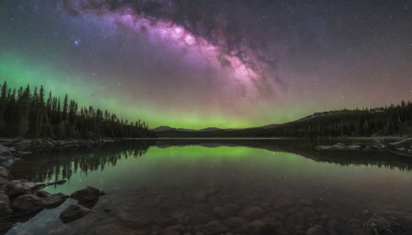 outdoors,sky,cloud,water,tree,no humans,night,grass,star (sky),nature,night sky,scenery,forest,starry sky,reflection,rock,river,landscape,lake,aurora,signature,reflective water,milky way