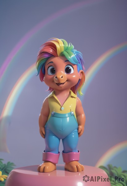 1girl,solo,looking at viewer,smile,short hair,open mouth,shirt,brown eyes,standing,full body,pink hair,purple hair,flower,multicolored hair,green hair,barefoot,sleeveless,artist name,black eyes,sleeveless shirt,child,furry,personification,furry female,arms at sides,overalls,rainbow,rainbow gradient,rainbow hair,blush,blonde hair,bare shoulders,blue hair,:d,outdoors,teeth,two-tone hair,buttons,watermark,grass,aged down,plant,web address,yellow shirt,dyed bangs,buck teeth,blue overalls