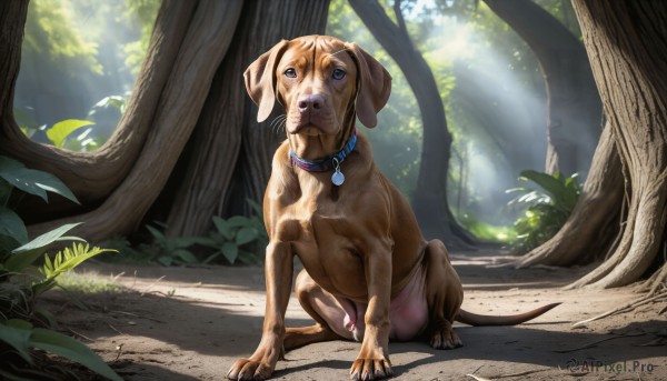 HQ,solo,blue eyes,full body,outdoors,day,collar,tree,no humans,animal,sunlight,grass,plant,nature,forest,dog,light rays,realistic,animal focus,dappled sunlight,animal collar,looking at viewer,tail,tongue,virtual youtuber,tongue out,leaf