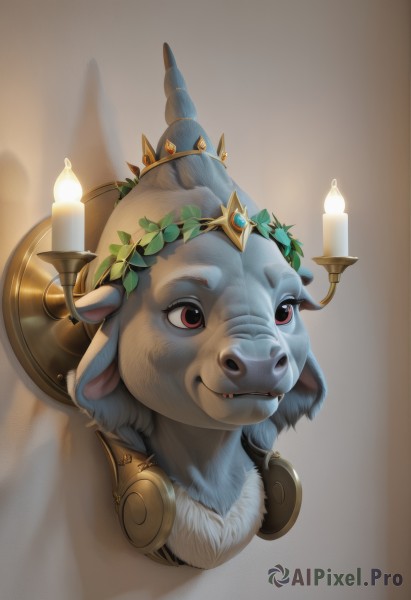 solo,smile,red eyes,closed mouth,no humans,animal,fangs,fire,crown,looking up,portrait,on head,candle,head wreath,animal on head,animal focus,flame,tusks,colored skin,leaf,gem,realistic