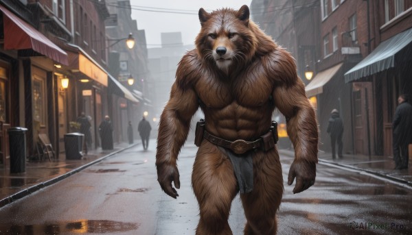 looking at viewer,1boy,navel,animal ears,nipples,male focus,thighs,outdoors,multiple boys,solo focus,belt,muscular,feet out of frame,abs,pectorals,muscular male,ground vehicle,building,bara,pelvic curtain,furry,large pectorals,walking,rain,bulge,topless male,lantern,city,realistic,road,furry male,body fur,multiple others,chest hair,loincloth,street,brown fur,leather belt,people,standing,day,scenery,6+boys,monster,pouch,fantasy,power lines,lamppost,crowd,6+others