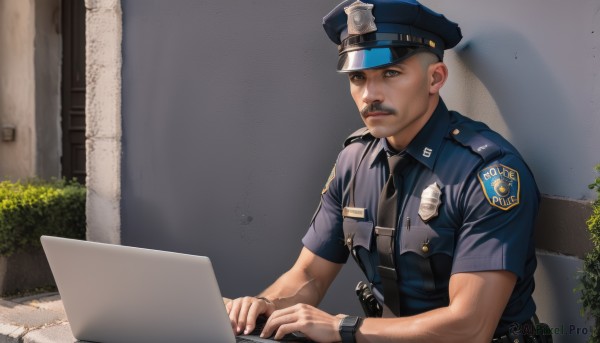 solo,shirt,1boy,hat,sitting,upper body,short sleeves,grey hair,male focus,outdoors,necktie,day,collared shirt,uniform,muscular,facial hair,plant,black necktie,blue headwear,watch,realistic,mustache,wristwatch,computer,police,police uniform,laptop,policewoman,police hat,walkie-talkie,looking at viewer,short hair,blue eyes,closed mouth,weapon,belt,blue shirt,muscular male,nose,breast pocket