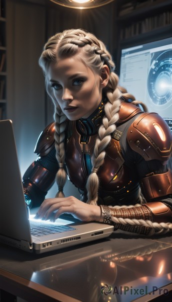 1girl,solo,long hair,looking at viewer,blue eyes,blonde hair,sitting,closed mouth,braid,indoors,armor,twin braids,lips,bodysuit,makeup,shoulder armor,science fiction,nose,computer,mechanical arms,monitor,cyborg,laptop,power armor,cyberpunk,holographic interface,multiple braids,hologram,white hair,multicolored hair,artist name,two-tone hair,book,table,lipstick,realistic