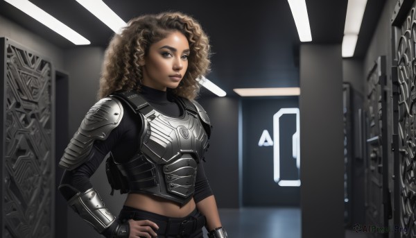 1girl,solo,long hair,looking at viewer,brown hair,navel,brown eyes,upper body,midriff,belt,dark skin,armor,dark-skinned female,lips,hand on hip,shoulder armor,science fiction,curly hair,pauldrons,breastplate,realistic,nose,animification,shoulder pads,big hair,very dark skin,afro,boobplate,blonde hair,weapon,gun,parody,rifle