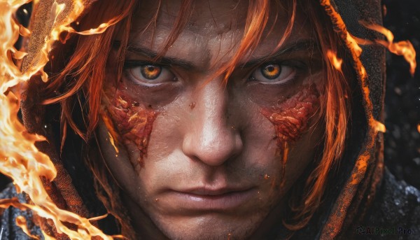 1girl,solo,looking at viewer,short hair,bangs,1boy,brown eyes,closed mouth,male focus,red hair,hood,orange hair,lips,orange eyes,eyelashes,scar,fire,portrait,scar on face,close-up,hood up,serious,realistic,nose,scales,straight-on,embers,eye focus,smile,yellow eyes,v-shaped eyebrows,facial hair,stubble