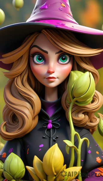 1girl,solo,long hair,looking at viewer,blush,blonde hair,hat,ribbon,holding,closed mouth,green eyes,upper body,flower,artist name,blurry,lips,eyelashes,witch hat,blurry background,leaf,thick eyebrows,freckles,curly hair,yellow flower,nose,witch,brown hair,aqua eyes,watermark,web address,zipper