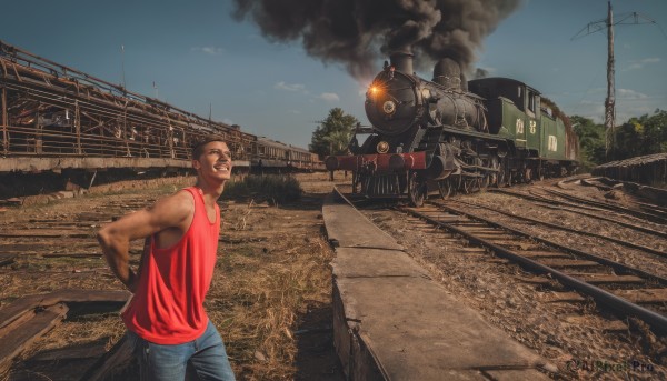 solo,brown hair,1boy,male focus,outdoors,sky,glasses,day,cloud,dark skin,tree,military,sunglasses,dark-skinned male,tank top,denim,ground vehicle,motor vehicle,smoke,realistic,military vehicle,train,railroad tracks,facial hair,jeans